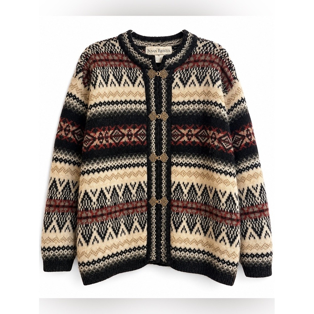 Vintage Nordic Chunky Wool Thick Cardigan Sweater oversized S/M